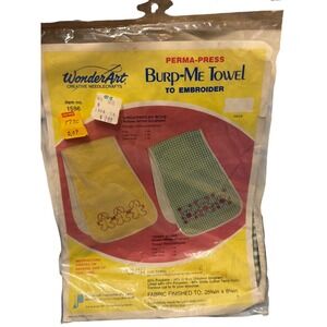 Vintage WonderArt Burp-Me Towel to Embroider Green Gingham Teddy Bears Kit 1596